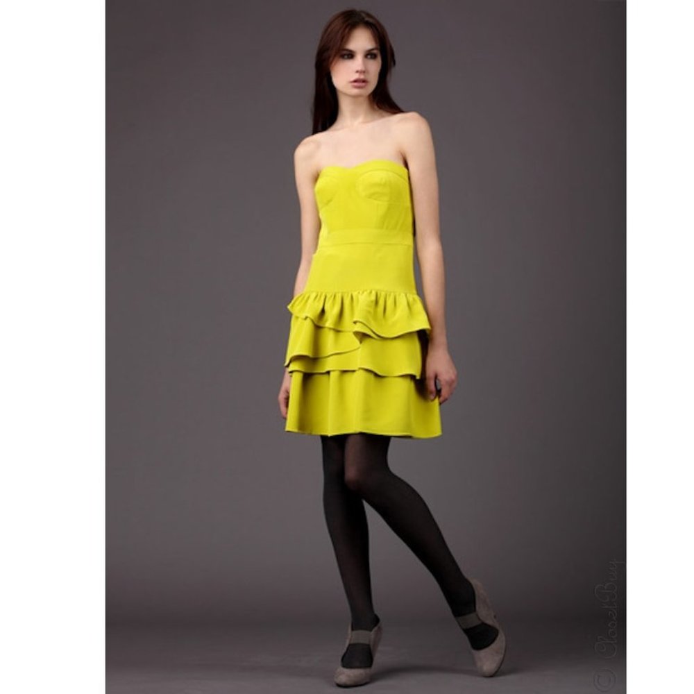 ALI RO Silk Ruffle Bustier Strapless Mini Dress Citrus Neon Yellow Green 4 Party